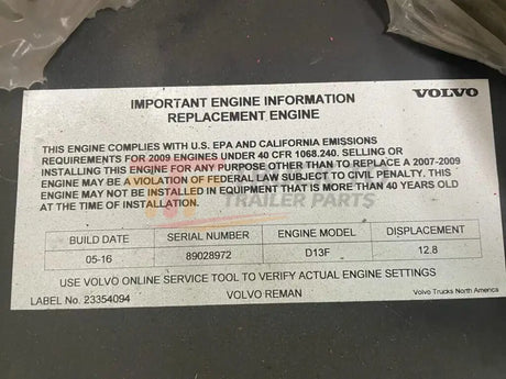 Volvo D13F EPA 07 MP8 2016 Engine Assembly - Truck To Trailer